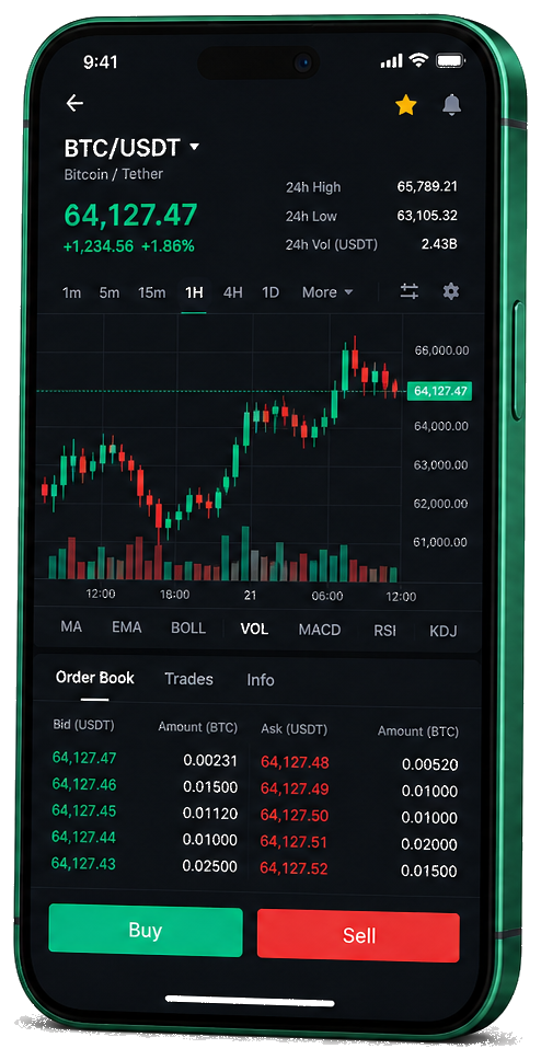 Interface mobile de trading FV Esthétique — cours BTC/USDT en direct, carnet d’ordres et outils de surveillance des opérations